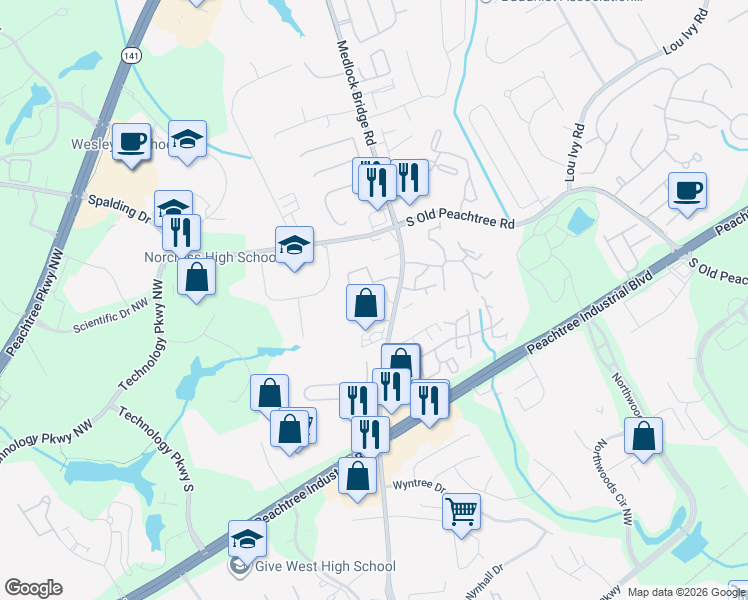 map of restaurants, bars, coffee shops, grocery stores, and more near 3345 Medlock Bridge Road in Peachtree Corners