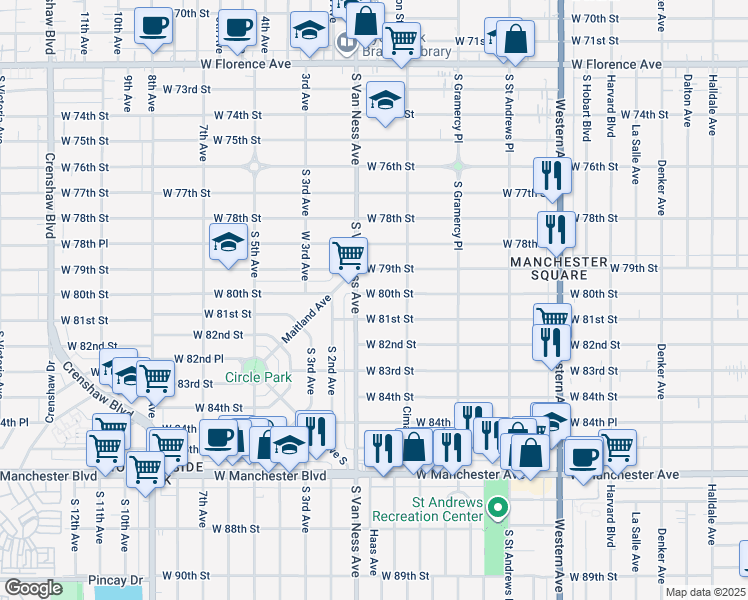map of restaurants, bars, coffee shops, grocery stores, and more near 2140 West 80th Street in Los Angeles