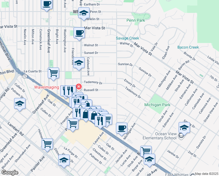 map of restaurants, bars, coffee shops, grocery stores, and more near 13701 Russell Street in Whittier