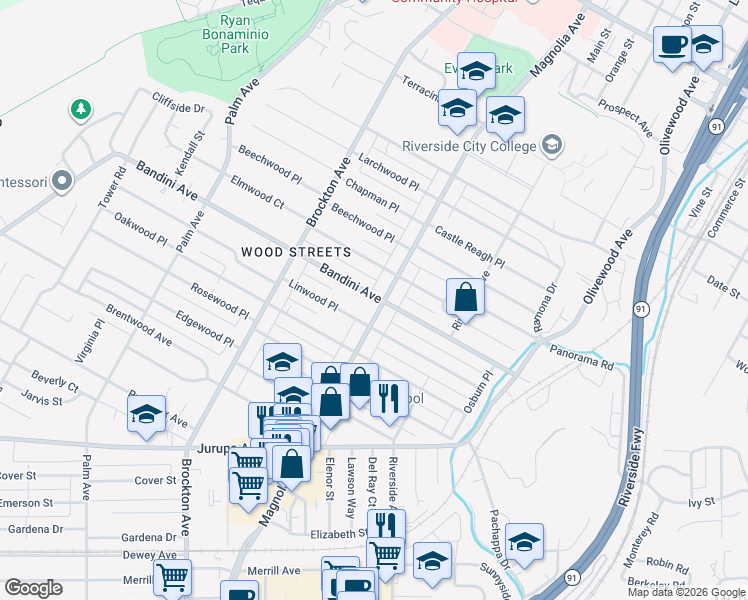 map of restaurants, bars, coffee shops, grocery stores, and more near in Riverside