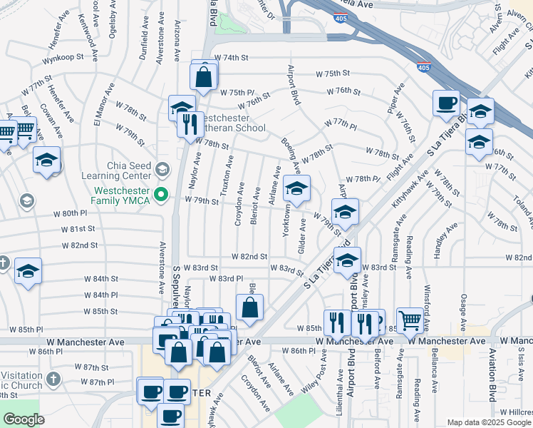 map of restaurants, bars, coffee shops, grocery stores, and more near 7911 Airlane Avenue in Los Angeles