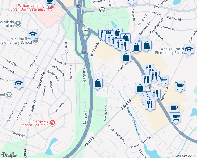 map of restaurants, bars, coffee shops, grocery stores, and more near 201 Hampton Forest Drive in Columbia