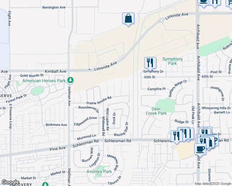 map of restaurants, bars, coffee shops, grocery stores, and more near 6704 Bull Thistle Court in Corona
