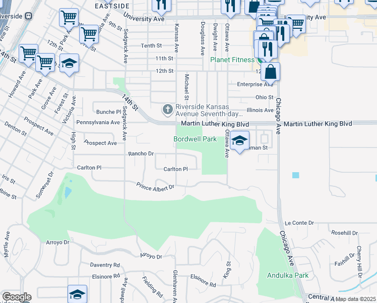 map of restaurants, bars, coffee shops, grocery stores, and more near 2061 Rancho Drive in Riverside