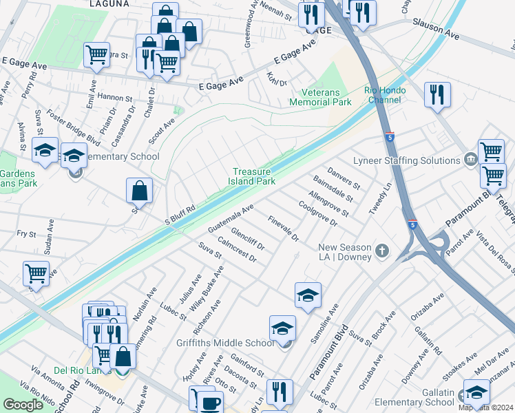 map of restaurants, bars, coffee shops, grocery stores, and more near 7507 Finevale Drive in Downey