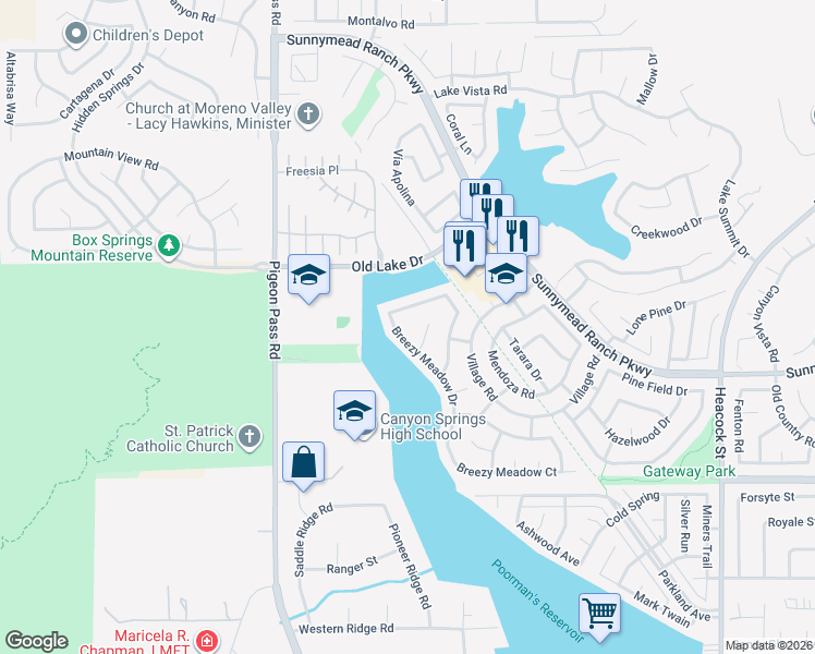 map of restaurants, bars, coffee shops, grocery stores, and more near 10680 Breezy Meadow Drive in Moreno Valley