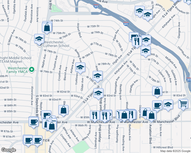 map of restaurants, bars, coffee shops, grocery stores, and more near 7880 Flight Place in Los Angeles