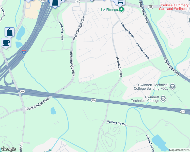 map of restaurants, bars, coffee shops, grocery stores, and more near 1628 Halliard Drive in Lawrenceville