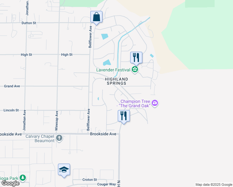 map of restaurants, bars, coffee shops, grocery stores, and more near 10676 Cherry Hills Drive in Cherry Valley