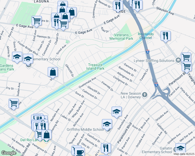 map of restaurants, bars, coffee shops, grocery stores, and more near 7507 Finevale Drive in Downey