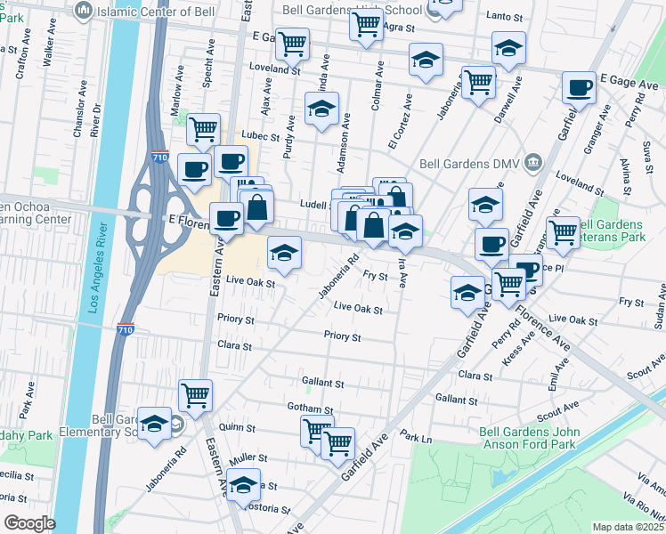 map of restaurants, bars, coffee shops, grocery stores, and more near 7317 Jaboneria Road in Bell Gardens