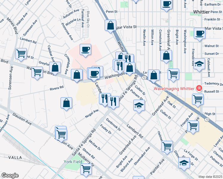 map of restaurants, bars, coffee shops, grocery stores, and more near 12532 Adler Drive in Whittier