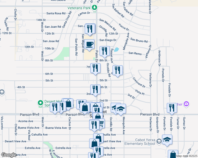 map of restaurants, bars, coffee shops, grocery stores, and more near 66563 5th Street in Desert Hot Springs