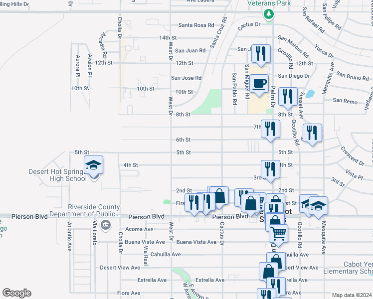 map of restaurants, bars, coffee shops, grocery stores, and more near 66032 5th Street in Desert Hot Springs
