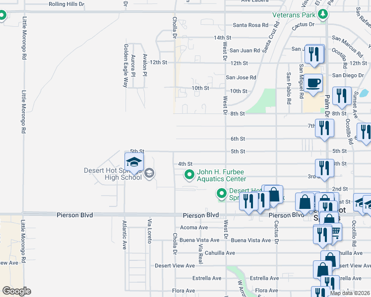 map of restaurants, bars, coffee shops, grocery stores, and more near 65786 5th Street in Desert Hot Springs