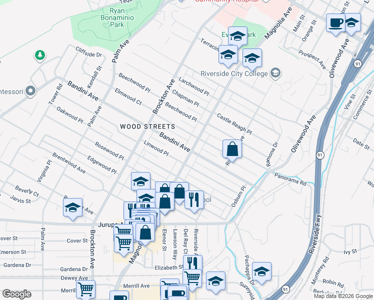 map of restaurants, bars, coffee shops, grocery stores, and more near in Riverside