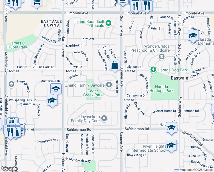 map of restaurants, bars, coffee shops, grocery stores, and more near 6730 Black Hawk Road in Corona