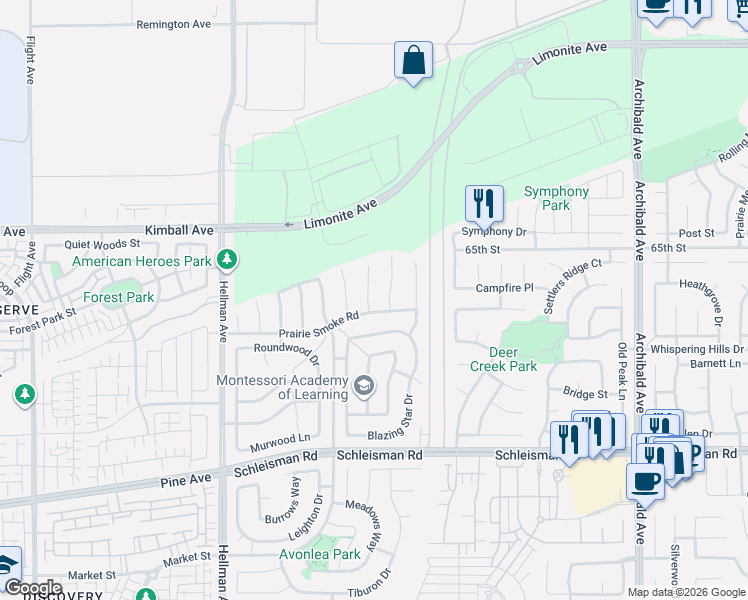 map of restaurants, bars, coffee shops, grocery stores, and more near 6714 Bull Thistle Court in Corona