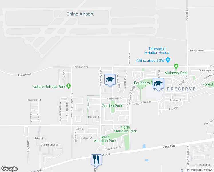 map of restaurants, bars, coffee shops, grocery stores, and more near 7925 Yeager Street in Chino