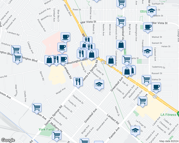 map of restaurants, bars, coffee shops, grocery stores, and more near 12563 Persing Drive in Whittier