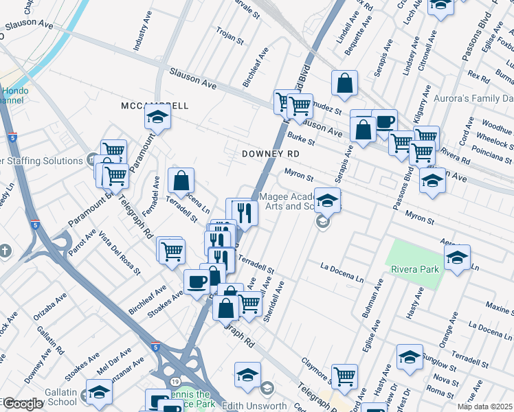 map of restaurants, bars, coffee shops, grocery stores, and more near 8236 Rosemead Boulevard in Pico Rivera