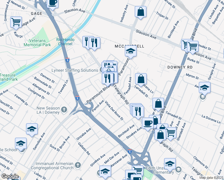map of restaurants, bars, coffee shops, grocery stores, and more near 8535 Parrot Avenue in Downey