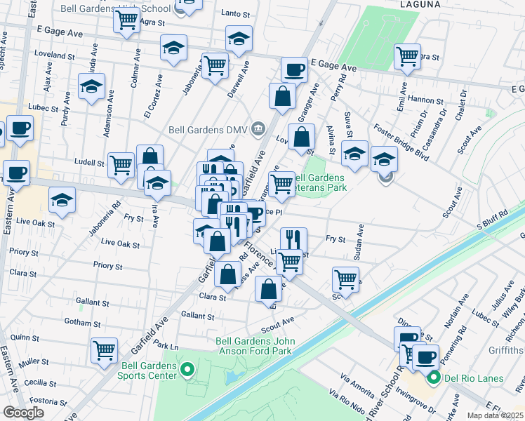 map of restaurants, bars, coffee shops, grocery stores, and more near 6518 Florence Place in Bell Gardens