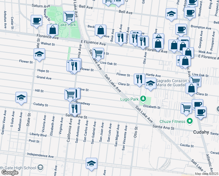 map of restaurants, bars, coffee shops, grocery stores, and more near 7711 Salt Lake Avenue in Huntington Park