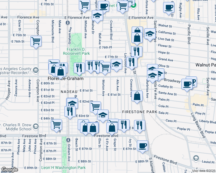 map of restaurants, bars, coffee shops, grocery stores, and more near 8010 Morton Avenue in Los Angeles