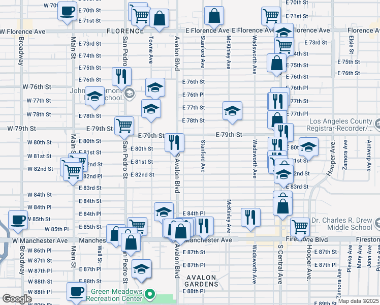 map of restaurants, bars, coffee shops, grocery stores, and more near 612 East 80th Street in Los Angeles