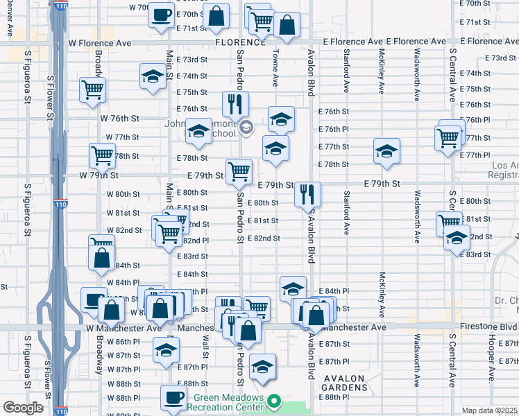 map of restaurants, bars, coffee shops, grocery stores, and more near 8010 San Pedro Street in Los Angeles