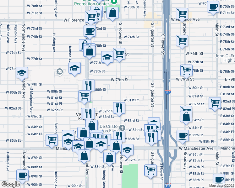 map of restaurants, bars, coffee shops, grocery stores, and more near 8022 South Hoover Street in Los Angeles