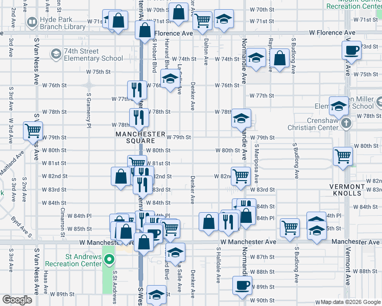 map of restaurants, bars, coffee shops, grocery stores, and more near 8011 Denker Avenue in Los Angeles