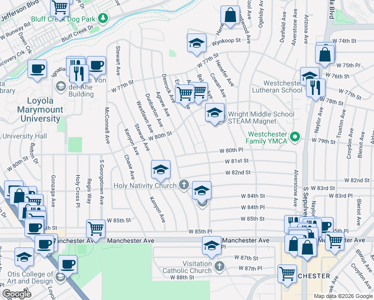 map of restaurants, bars, coffee shops, grocery stores, and more near 6675 West 80th Place in Los Angeles