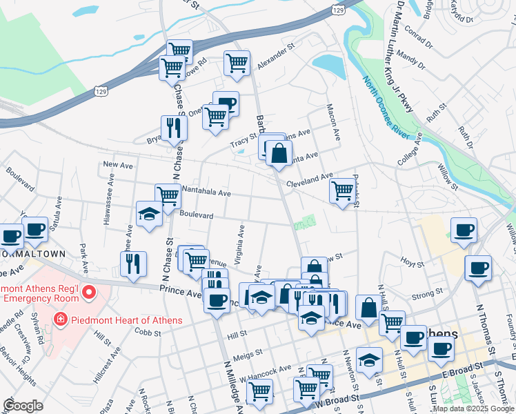 map of restaurants, bars, coffee shops, grocery stores, and more near 296 Boulevard in Athens