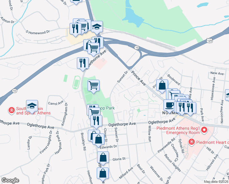 map of restaurants, bars, coffee shops, grocery stores, and more near 700 Sunset Drive in Athens