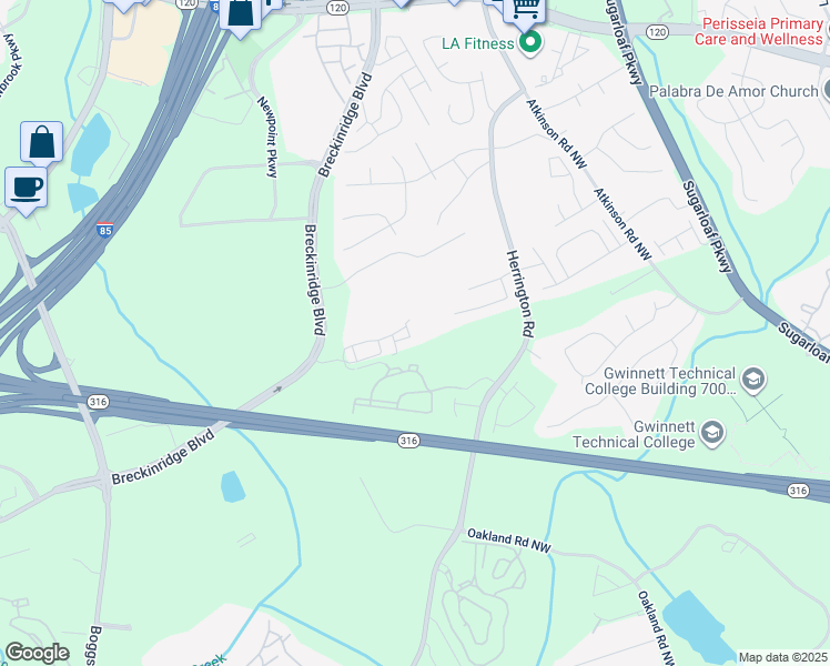 map of restaurants, bars, coffee shops, grocery stores, and more near 1628 Halliard Drive in Lawrenceville