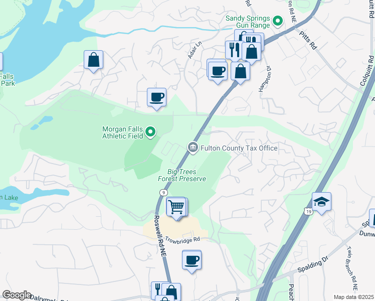 map of restaurants, bars, coffee shops, grocery stores, and more near 7741 Georgia 9 in Sandy Springs