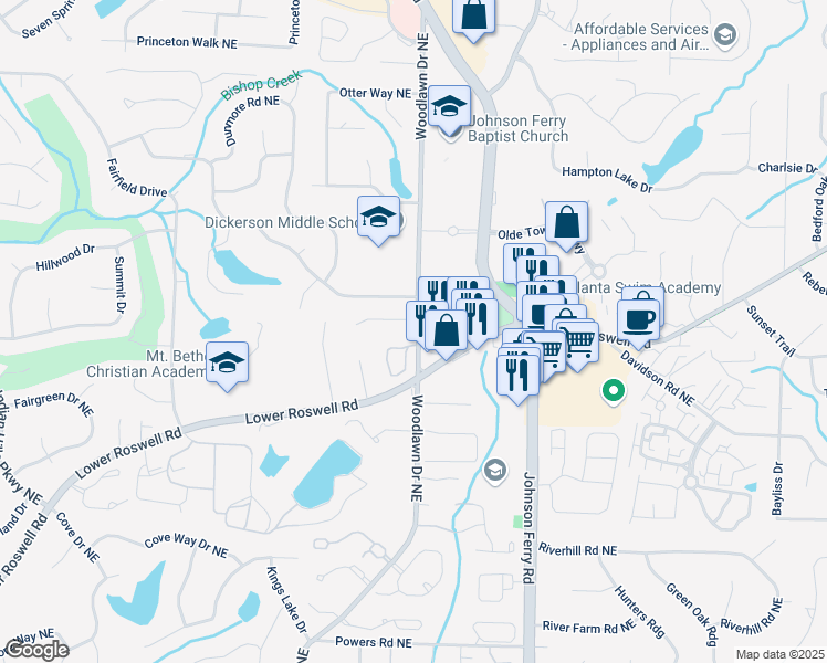 map of restaurants, bars, coffee shops, grocery stores, and more near 4560 Parkcrest Court Northeast in Marietta