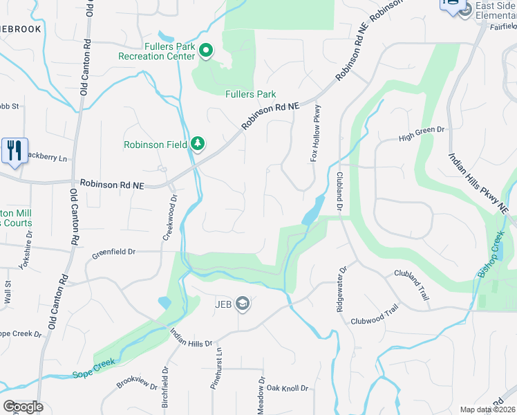 map of restaurants, bars, coffee shops, grocery stores, and more near 734 Robinson Farms Drive in Marietta