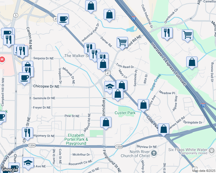 map of restaurants, bars, coffee shops, grocery stores, and more near 590 Fairground Street Northeast in Marietta