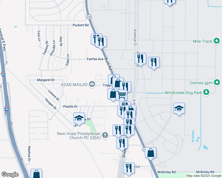map of restaurants, bars, coffee shops, grocery stores, and more near 4132 Burk Road in Wichita Falls