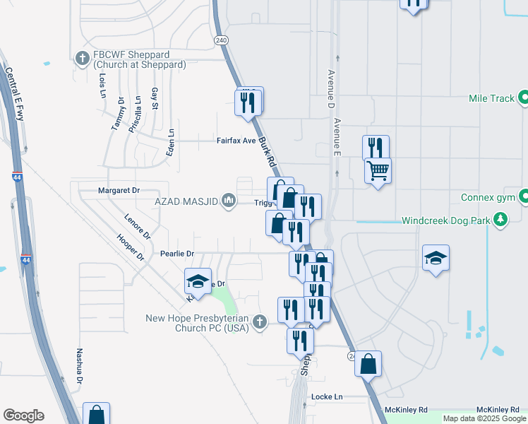 map of restaurants, bars, coffee shops, grocery stores, and more near 1525 Trigg Lane in Wichita Falls