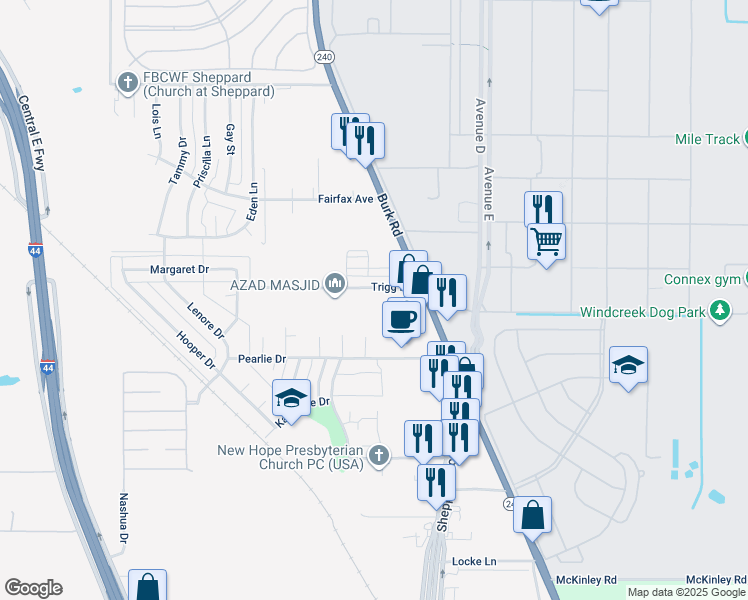map of restaurants, bars, coffee shops, grocery stores, and more near 1525 Trigg Lane in Wichita Falls
