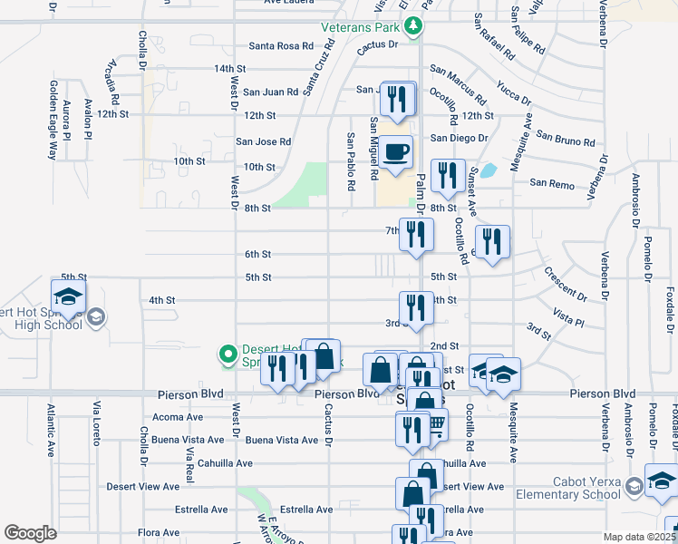map of restaurants, bars, coffee shops, grocery stores, and more near 66282 5th Street in Desert Hot Springs