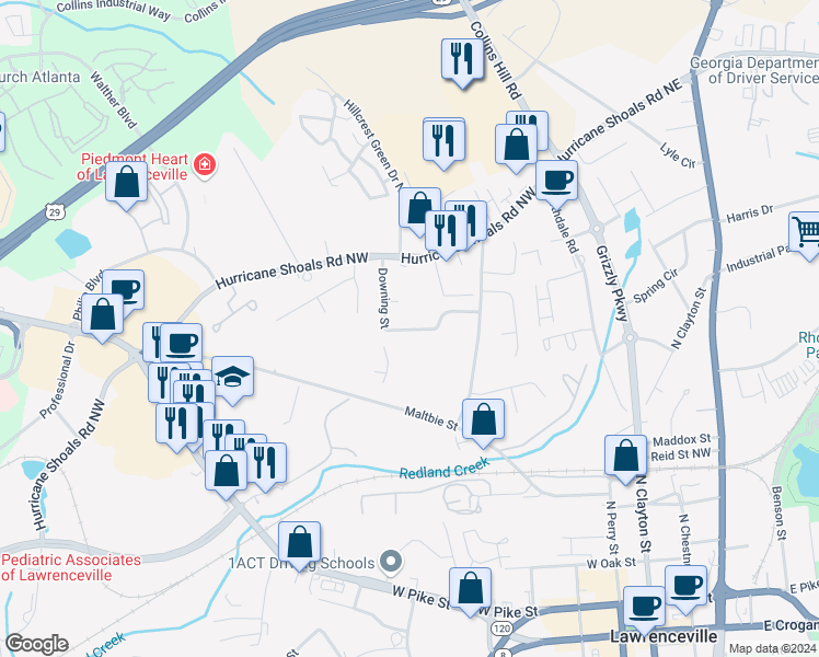 map of restaurants, bars, coffee shops, grocery stores, and more near 443 Downing Street in Lawrenceville