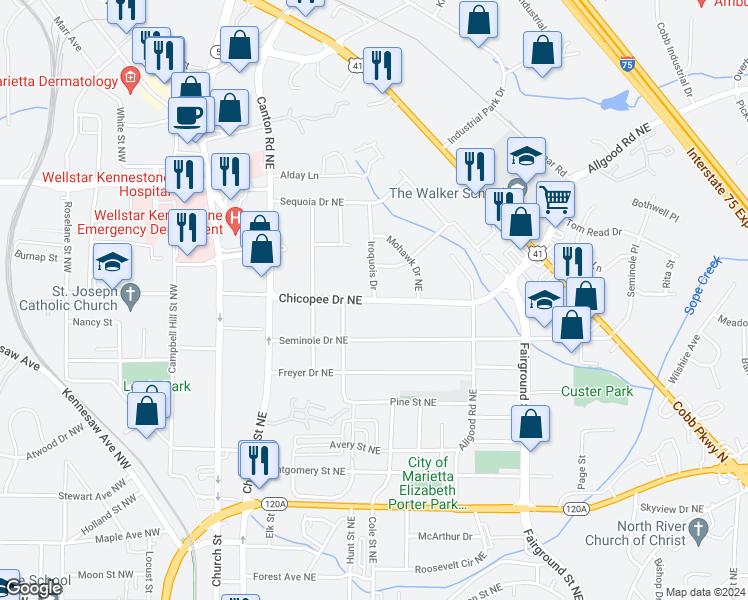map of restaurants, bars, coffee shops, grocery stores, and more near 300 Chicopee Drive Northeast in Marietta