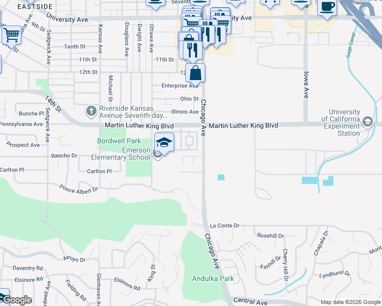 map of restaurants, bars, coffee shops, grocery stores, and more near 1743 Vassar Drive in Riverside