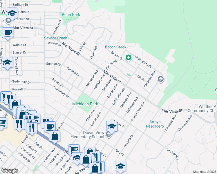 map of restaurants, bars, coffee shops, grocery stores, and more near 8158 Strub Avenue in Whittier