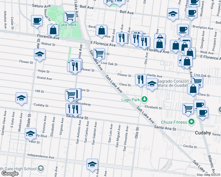 map of restaurants, bars, coffee shops, grocery stores, and more near 7711 Salt Lake Avenue in Huntington Park